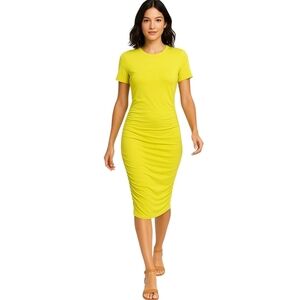 NWT Express Neon Yellow Ruched Bodycon T-Shirt Jersey Midi Dress - Sz M